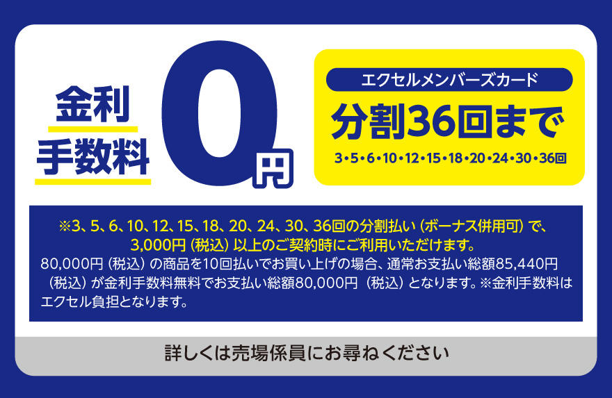 金利手数料0円 エクセルメンバーズカード分割36回まで(3・5・6・10・12・15・18・20・24・30・36回) ※3，5，6，10，12，15，18，20，24，30，36回の分割払い(ボーナス併用可)で、3,000円(税込)以上のご契約時にご利用いただけます。80,000円（税込）の商品を10回払いでお買い上げの場合、通常お支払い総額85,440円 （税込）が金利手数料無料でお支払い総額80,000円（税込）となります。※金利手数料は エクセル負担となります。 詳しくは売場係員にお尋ねください