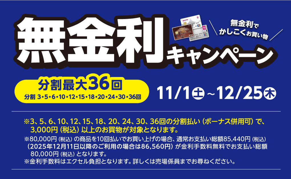 無金利キャンペーン 無金利でかしこくお買い物 分割最大36回(分割3、5、6、10、12、15、18、20、24、30、36回) 11月1日(土曜日)～12月25日(木曜日) ※3、5、6、10、12、15、18、20、24、30、36回の分割払い(ボーナス併用可)で、3,000円(税込)以上のお買物が対象となります。※80,000円(税込)の商品を10回払いでお買い上げの場合、通常お支払い総額85,440円(税込)(2025年12月11日以降のご利用の場合は86,560円)が金利手数料無料でお支払い総額80,000円(税込)となります。※金利手数料はエクセル負担となります。詳しくは売場係員までお尋ねください。